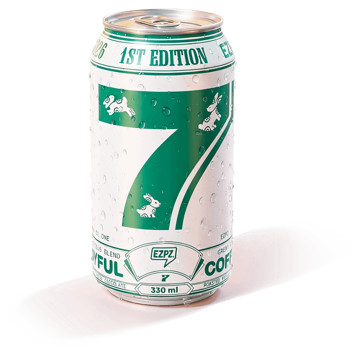 Branded EZPZ iced coffee can with condensation and soft shadow